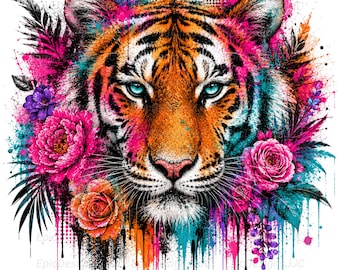 Tiger Png, Sublimation Design, Floral Animal Png, Jungle Animal Png, Tiger Clip Art, T-Shirt Design, Digital Download, DTF Png