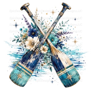 Puede incluir: Dos remos de madera cruzados con un acabado desgastado en azul y turquesa, con detalles de estrellas doradas en las palas. Los remos se superponen sobre un grupo de flores azules y blancas, follaje verde y estrellas doradas con efecto acuarela.