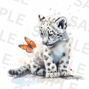 Könnte beinhalten: Ein Aquarellbild eines weißen Schneeleoparden-Jungtiers, das auf einem Felsen sitzt, mit einem orangefarbenen Schmetterling, der in der Nähe fliegt.