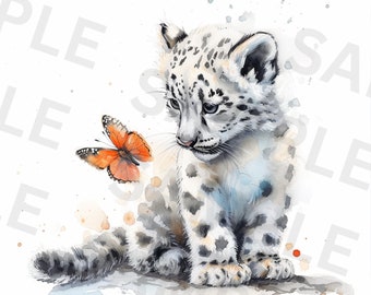 5 imágenes prediseñadas de leopardo de las nieves bebé y mariposa, lindo leopardo de las nieves, imágenes prediseñadas de acuarela imprimibles, descarga instantánea, PNG de alta calidad, para scrapbooking