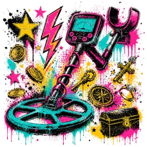Op de afbeelding: Een metaaldetector-afbeelding met een talingkleurige zoekspoel, zwarte schacht en roze accenten. Het ontwerp bevat een gele ster, een roze bliksemschicht, gouden munten, een sleutel, een kompas, een kruis, een ring en een schatkist op een verfspat.