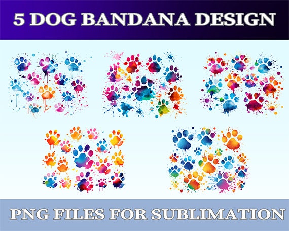 Dog Bandana Sublimation Design Bundle, 5 Dog Bandana PNG Files, Transparent PNG for Sublimation Printing, Dog Paw Prints Bandana Dog Paw PNG