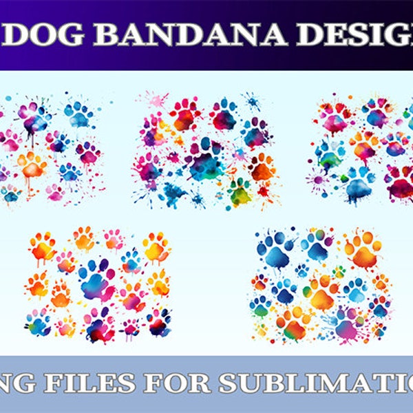 Dog Bandana Sublimation Design Bundle, 5 Dog Bandana PNG Fichiers, PNG transparent pour l’impression par sublimation, Dog Paw Prints Bandana Dog Paw PNG