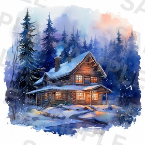 5 Log Cabin in Snow Clipart, Printable Watercolor clipart, High Quality PNGs, Digital Download, High Resolution, Paper Craft, Scrapbooking