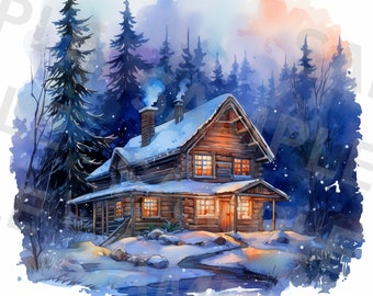 5 imágenes prediseñadas de cabañas de troncos en la nieve, imágenes prediseñadas de acuarela imprimibles, PNG de alta calidad, descarga digital, alta resolución, manualidades de papel, scrapbooking