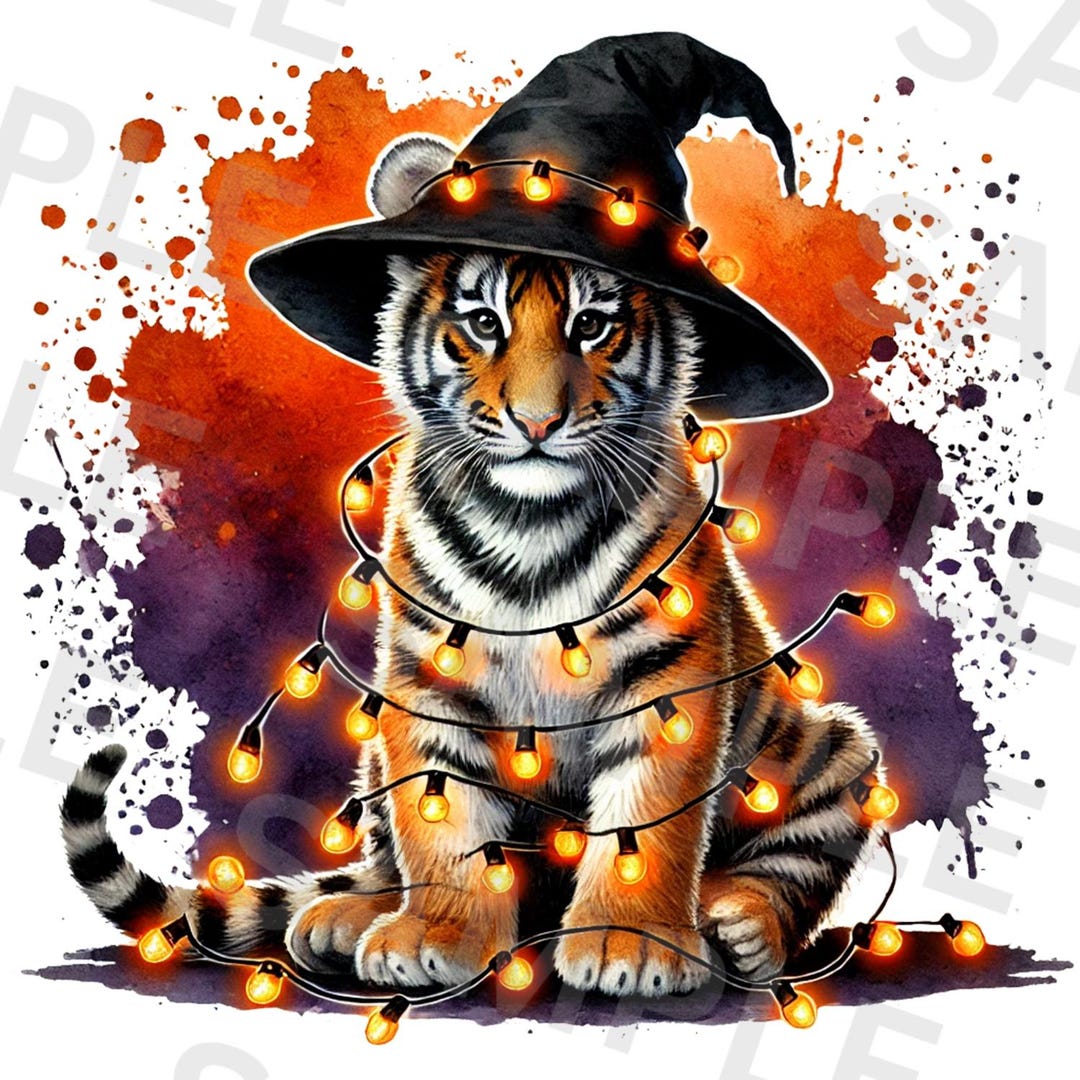 Halloween Tiger PNG, Cute Tiger Cub Clipart With Witch Hat and Lights ...