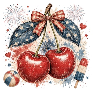 Puede incluir: Una ilustración digital de dos cerezas rojas con tallos unidos por un lazo de cuadros rojos y blancos. Las hojas son azul oscuro con estrellas blancas. El fondo presenta salpicaduras de pintura, fuegos artificiales, corazones, una pelota de playa y un polo.