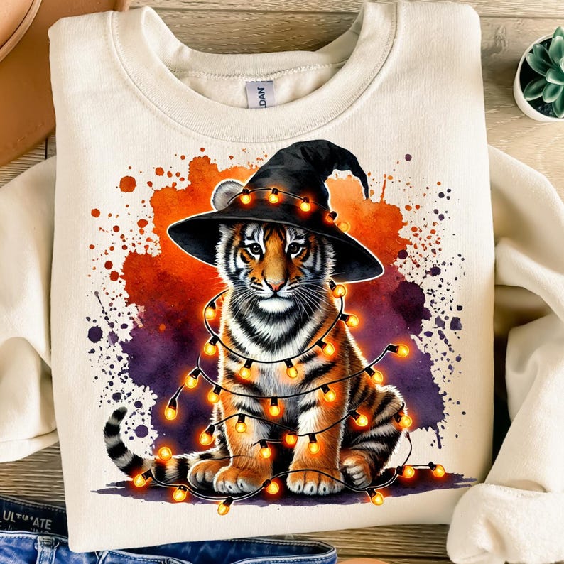 Halloween Tiger PNG, Cute Tiger Cub Clipart With Witch Hat and Lights ...