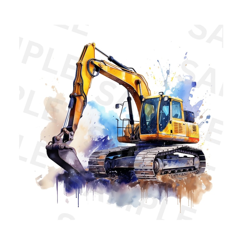 May include: A watercolour illustration of a yellow excavator with a black bucket and tracks. The construction vehicle is set against a backdrop of blue, brown, and beige watercolour paint splatters, creating a dynamic effect.