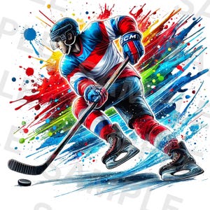 May include: A hockey player in a red, white, and blue jersey with a black helmet and black skates, holding a hockey stick and puck, with a colorful paint splatter background.