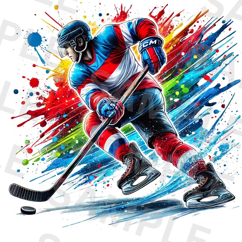 May include: A hockey player in a red, white, and blue jersey with a black helmet and black skates, holding a hockey stick and puck, with a colorful paint splatter background.