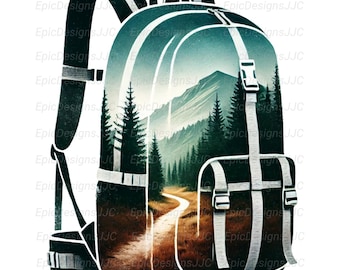 Hiking Backpack PNG, Sublimation Design, Outdoor Adventure Clipart, Mountain Trail Backpack Design, Camping Hiking PNG
