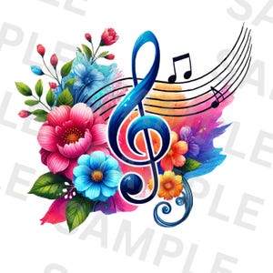 Nota musicale colorata PNG, Design a sublimazione, Chiave di violino PNG, Musica PNG, Fiori al neon PNG, Design per maglietta, Download digitale PNG, DTF PNG