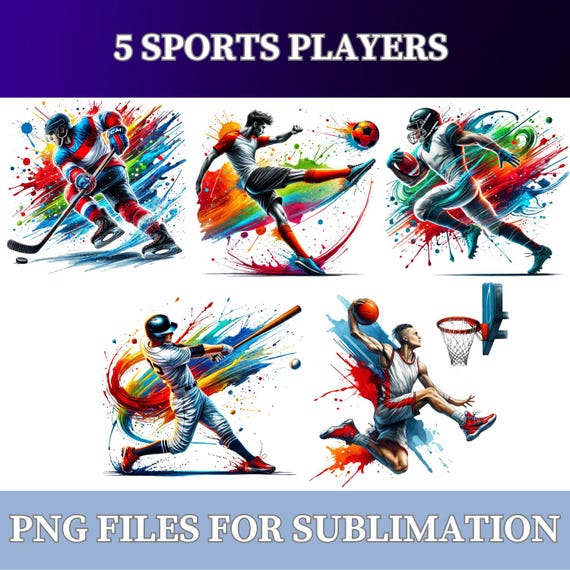 Game Day Sports PNG Bundle – 5 Watercolor Players for Sublimation Shirts, Tumblers, Football Mom Gifts & Team Spirit Decor