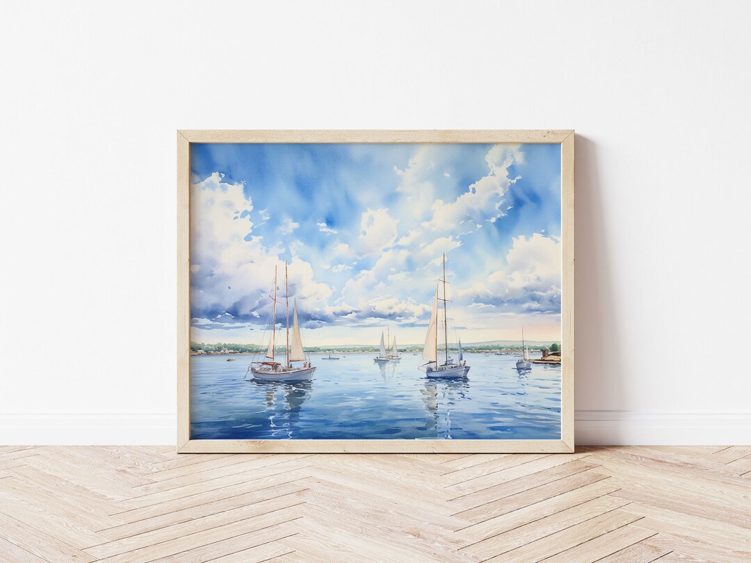 Lake Sailboat Printable Wall Art - Nautical Boat Painting, Coastal ...