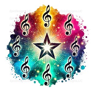 Music Star PNG, sublimatieontwerp, solsleutel regenboog, bandleraar clipart, koorconcert afbeelding voor shirts, muzieknoot aquarel png