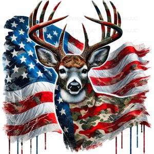 PNG de veado camuflado dos EUA, design para sublimação, veado com bandeira PNG, caçador PNG, veado-de-cauda-branca, veado PNG, temporada de caça ao veado PNG, caça camuflada PNG, DTF