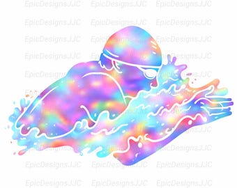 May include: A colorful illustration of a swimmer in motion, rendered in a vibrant, iridescent palette. The swimmer is depicted with a swim cap and goggles, cutting through water with dynamic splashes and waves. The design has a watercolor effect.