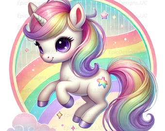 Cute Rainbow Unicorn PNG, Sublimation Design, Pony Clipart for Girls, Pastel Kids Birthday Shirt Design, Cartoon Unicorn PNG