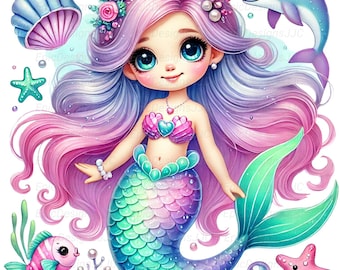 Cute Mermaid PNG, Sublimation Design, Kawaii Pastel Mermaid Clipart for Girls Birthday Shirts and Summer Beach Outfits