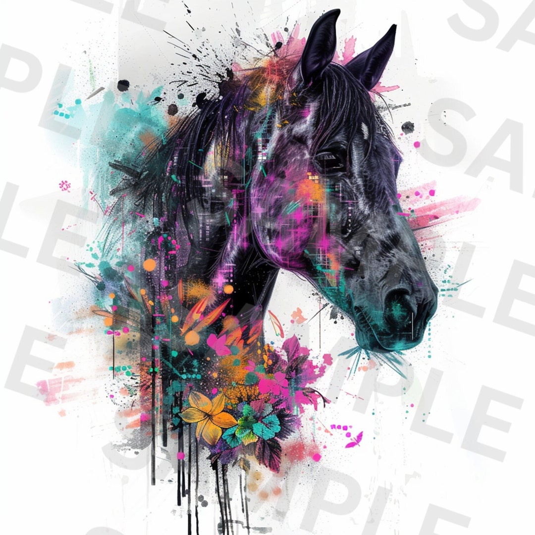 5 Floral Horse Clipart, Horse Grunge PNG, Printable Watercolor Clipart ...