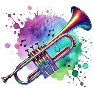 Colorful Iridescent Trumpet Png, Sublimation Design, Instrument Png, Music Png, T-Shirt Design, Digital Download Png, Music Notes Clipart