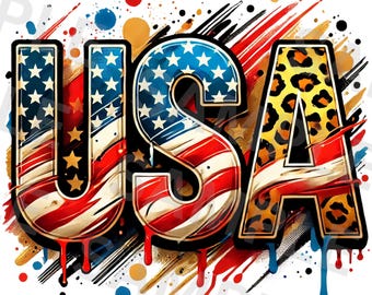 Amerikaanse luipaardprint, png-bestand – patriottisch sublimatieontwerp met sterren, strepen en verfspatten voor 4 juli-shirts, bekers en digitaal handwerk