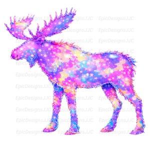 May include: A watercolor illustration of a moose with a colorful, starry pattern. The moose is depicted in shades of purple, pink, blue, and yellow, with white star accents throughout its body and antlers. The image has a whimsical and artistic style.