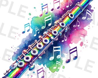 Colorful Iridescent Flute Png, Sublimation Design, Instrument Png, Music Png, T-Shirt Design, Digital Download Png, Musical Note Clip Art
