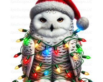 Snowy Owl Christmas PNG, Sublimation Desig, Cute Winter Owl with Santa Hat & Lights for Holiday Shirts, Mugs and Stickers