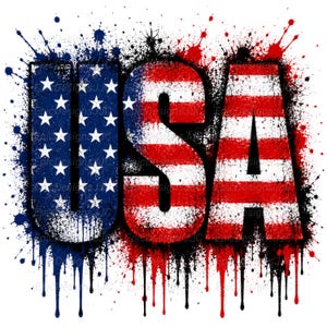 May include: A graphic design featuring the letters USA in a bold, block font. The letter U is blue with white stars, while the letters S and A feature red and white horizontal stripes. The entire design has a distressed paint splatter effect.