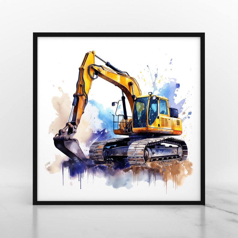 May include: A framed watercolour print of a yellow excavator. The excavator is depicted with a backdrop of blue, brown, and yellow watercolour splashes. The image is a square print.