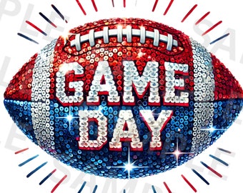 Könnte beinhalten: Ein rot-weiß-blauer Football mit den Worten "GAME DAY" in weißen Buchstaben. Der Football ist mit Pailletten bedeckt und hat einen glitzernden Effekt.