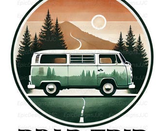 May include: Circular graphic with a vintage green van driving on a road, set against a mountain and sunset backdrop. The image includes pine trees and the words "ROAD TRIP" in bold, black letters.