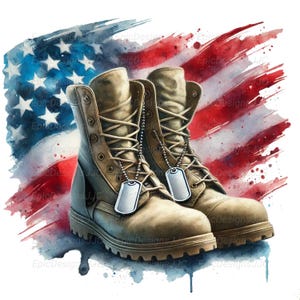 Military Boots PNG, Patriotic 4th of July Shirt PNG, Army Boots Clipart, Dog Tags Sublimation Design, Veteran American Flag PNG