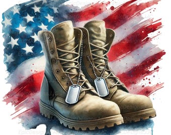 Military Boots PNG, Patriotic 4th of July Shirt PNG, Army Boots Clipart, Dog Tags Sublimation Design, Veteran American Flag PNG