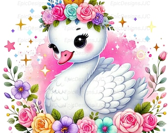 Księżniczka Łabędź PNG, Uroczy łabędź Klipart z koroną i kwiatami, Sztuka do pokoju dziecięcego dla dziewczynek, Sublimacja na baby shower, Pastelowy kwiatowy wzór łabędzia