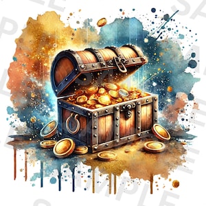 Coffre au trésor Png, sublimation, Treasure Png, clipart pirate, pièces d'or Png, conception de t-shirt, téléchargement numérique, dessins Png, DTF