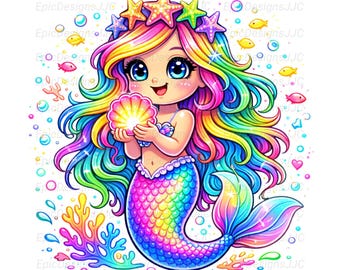 Sirena PNG, Sirena arcoíris neón, Diseño de sublimación kawaii bajo el mar, Descarga digital de Ocean Girl