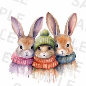スカーフを巻いたうさぎ 5 匹のクリップアート、冬のうさぎ、印刷可能な水彩画のクリップアート、高品質の PNG、デジタル ダウンロード、ペーパー クラフト、スクラップブック