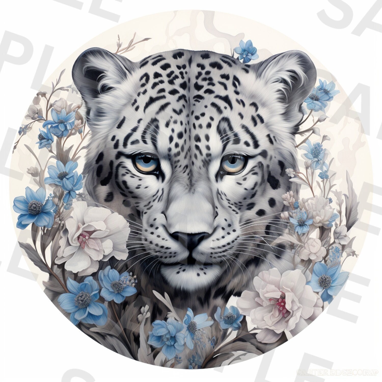 5つの花と雪豹のクリップアート、かわいい雪豹のクリップアート