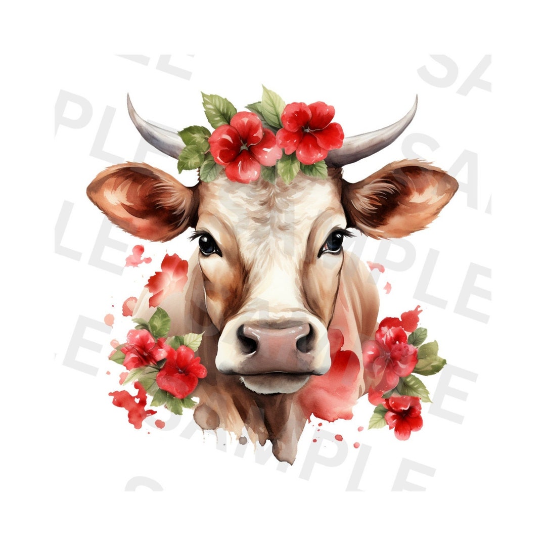 Cute Cow With Red Flowers PNG Clipart, Transparent Farm Floral Animal ...
