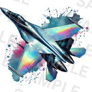 May include: A silver fighter jet with iridescent paint, flying against a blue and pink watercolor background.