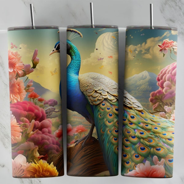 Gorgeous Peacock - 20oz Skinny Tumbler Design PNG File - Peacock Image - Sublimation - Digital Download - Exotic Birds