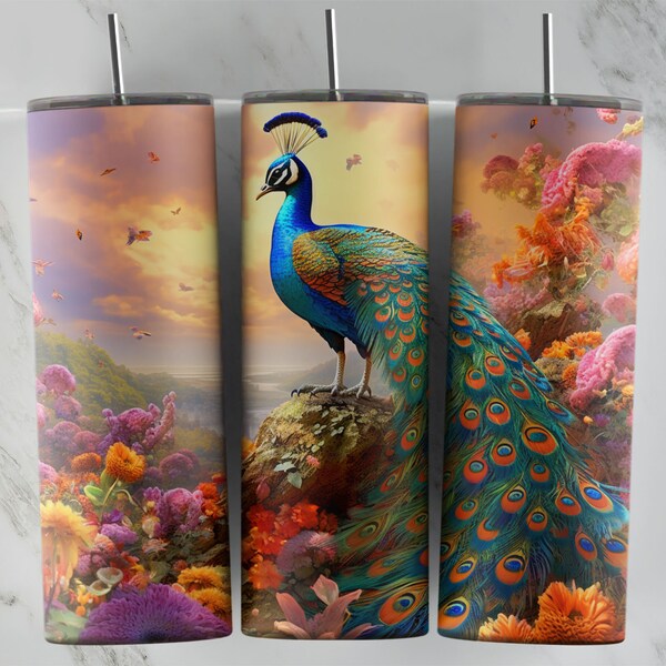 Peacock in the Garden - 20oz Skinny Tumbler Design PNG File - Peacock Image - Sublimation - Digital Download - Exotic Birds