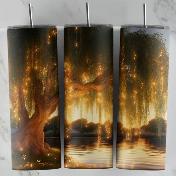 Lovely Tree by the Pond - 20oz Skinny Tumbler Design PNG File - Fireflies - Sublimation - Digital Download - Fireflies and a Willow Tree