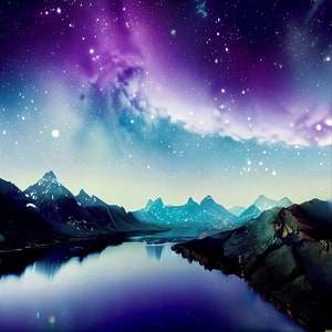 May include: A scenic landscape with a dark blue lake reflecting the night sky. The sky is filled with stars and a purple and blue aurora borealis.  The mountains in the background are silhouetted against the sky.