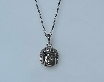 Buddha Head Silver Pendant with Necklace Buddhism Wisdom Knowledge Enlightenment Symbol Charm Positivity Harmony Gift Unisex Adults or Kids