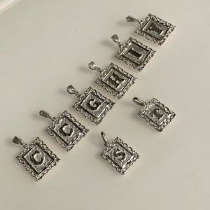 Vintage Alphabet Silver 925 Pendant Etched Letter Charm Decorative Fancy Rectangle Border Variety Large and Small Unisex Graduation Gift