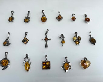 Vintage Amber Silver Pendants Variety Charms Baroque Renaissance Medieval Turtle Cross Fairy Cat Kitty Heart Sphere Geometric Unique Designs